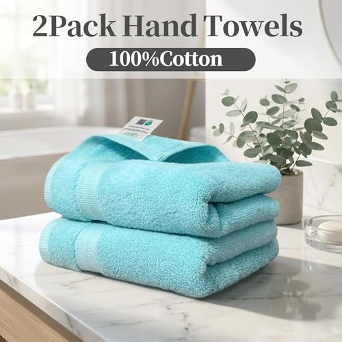 VOOVA & MOVAS Aqua Green Hand Towels 2 Pack, 100% Cotton, 13x29 in | Lightweight Fluffy, Absorbent & Quick Dry, Fade Resistant, Built-in Hanging Loop, Gentle on Skin - color: Aqua
