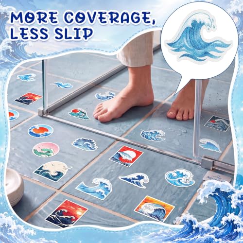 Fullhawl 30 Pcs Ocean Wave Non Slip Bathtub Stickers with Scraper | Ocean Wave, Textured PEVA, Anti Slip Shower Floor Decals, Bath Treads, Tubs, Showers and Smooth Tile Floors - style: Wave