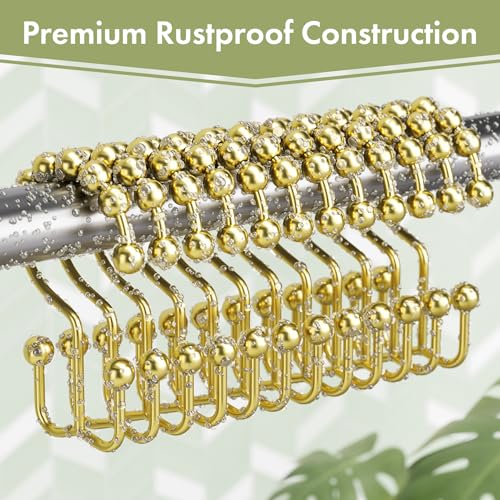 Gold Shower Curtain Hooks, 12PCS Rust-Resistant Metal Double Shower Curtain Rings for Curtain Rolling Shower Hooks, Shower Rings for Bathroom Shower Curtain Rod - color: Gold, style: Modern - Double Hooks