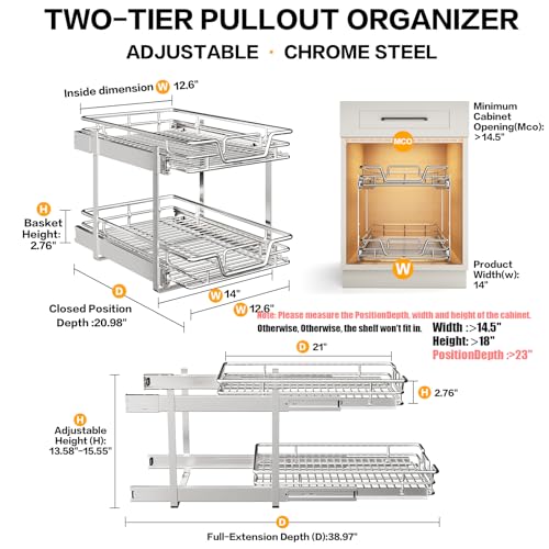 2-Tier Kitchen Cabinet Pull Out Shelf and Drawer Organizer Slide Out Pantry Storaqe Basket in Multiple Sizes (14" W x 21" D) - size: 14" W x 21" D