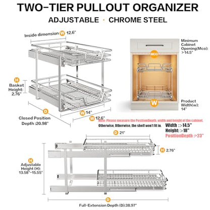 2-Tier Kitchen Cabinet Pull Out Shelf and Drawer Organizer Slide Out Pantry Storaqe Basket in Multiple Sizes (14" W x 21" D) - size: 14" W x 21" D