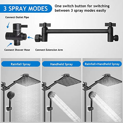 Shower Head Combo, 8 Inch High Pressure Rain with 11 Inch Adjustable Extension Arm and 5 Settings Handheld, Powerful Spray Against Low Water Pressure- Matte Black - color: Matte Black, size: 8" Showerhead Set