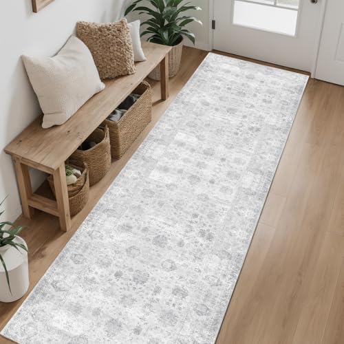 Hallway Runner Rug 2x8 Washable Area Rugs, Vintage Floral Rug Soft Non Slip Stain Resistant Boho Floor Carpet Runners for Hallways Entryway Laundry Room Kitchen Bathroom, and Bedroom Grey - color: Grey, size: 2' x 8'