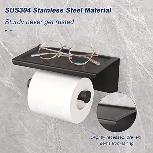 NearMoon Toilet Paper Holder with Shelf, Heavy Duty Bath Toilet Roll Holder with Phone Shelf Tissue Hanger for Bathroom/Kitchen No Drill or Wall Mounted(304 Stainless Steel, Matte Black) - color: Matte Black