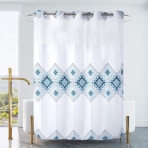 Long 71x79 Hotel Grade Fabric Hook Free Shower Curtain with Polyester Replacement Liner White&Blue Boho Style – Machine Washable Top See Through Mesh Window - color: White&blue, size: 71"W x 79"L (Pack of 1)