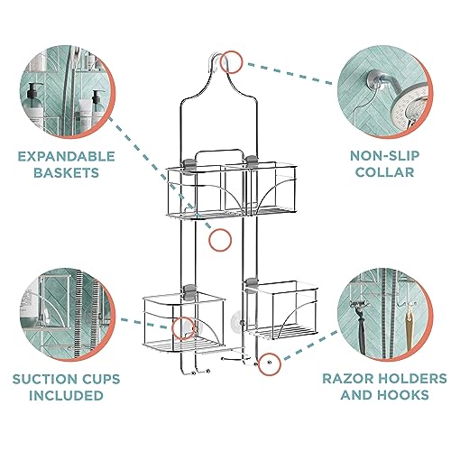 Zenna Home Shower Caddy Hanging Bathroom Organizer, Steel Shower Shelves with 4 Sliding Baskets and Built in Hooks, Accomodates Hose for Handheld Shower Head Storage System, Chrome - color: Chrome