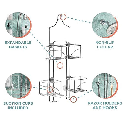 Zenna Home Shower Caddy Hanging Bathroom Organizer, Steel Shower Shelves with 4 Sliding Baskets and Built in Hooks, Accomodates Hose for Handheld Shower Head Storage System, Chrome - color: Chrome