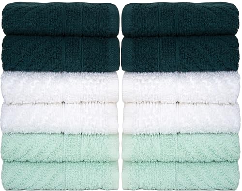 PH Pleasant Home Diagonal Wash Cloths Set - 12 Pack (12” x 12”) – 509 GSM - 100% Ring Spun Cotton Wash Cloth - Super Soft and Highly Absorbent Face Towels (Green, White & Mint) - color: Green, White & Mint, style: Diagonal