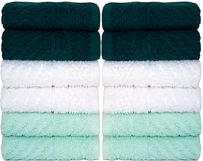 PH Pleasant Home Diagonal Wash Cloths Set - 12 Pack (12” x 12”) – 509 GSM - 100% Ring Spun Cotton Wash Cloth - Super Soft and Highly Absorbent Face Towels (Green, White & Mint) - color: Green, White & Mint, style: Diagonal