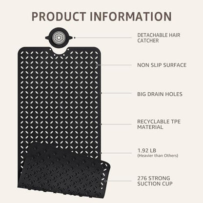 OTHWAY Bath Mat for Tub Non Slip: 39" X 17" Long Bathtub Mat with Hair Catcher│Big Drain Holes Shower Mats for Inside Shower│Machine Washable (Black) - color: Black