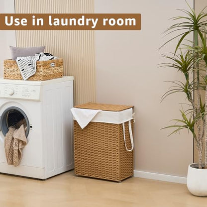 Slim Wicker Laundry Hamper with Lid, 55L Handwoven Rattan Basket with Handles, Narrow Laundry Basket with Removable Liner Bag & 2 Mesh Bags - color: Rattan with Lid, size: 55L