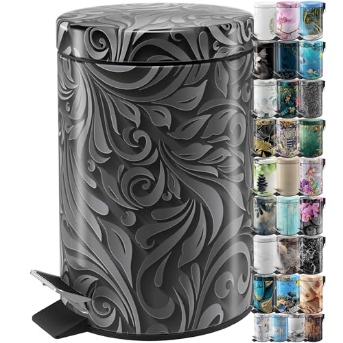 Sanilo Small Bathroom Trash Can with Lid [1.3 Gallon] - Lidded Tiny Trashcan for Garbage - Mini Metal Bin with Soft Closing Mechanism - Bath Room Accessoire Wastebin with Inner Bucket (Floral) - color: Floral