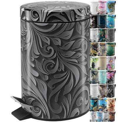 Sanilo Small Bathroom Trash Can with Lid [1.3 Gallon] - Lidded Tiny Trashcan for Garbage - Mini Metal Bin with Soft Closing Mechanism - Bath Room Accessoire Wastebin with Inner Bucket (Floral) - color: Floral