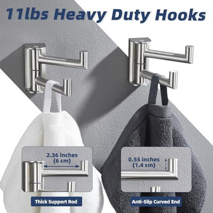 2 Pack Swivel Towel Hooks, Brushed Nickel, 304 Stainless Steel | Dual-Arm Hanging Capacity, 180° Swing-Out Rotation, Fold-Away Storage, Raised End Hooks, Closet, Hallway & Shower Use - color: Brushed Nickel, size: 2 Pack