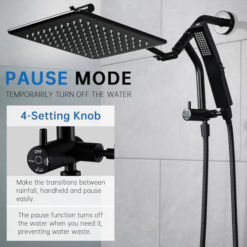 G-Promise 12 Inch All Metal Rain Shower Head with Handheld (Matte Black) | Full Body Coverage, Pause Mode Diverter, Power Wash Mode Handheld, Suits Every Height, Easy to Install, Modern Bath Upgrade - color: Matte Black, size: 12 Inches