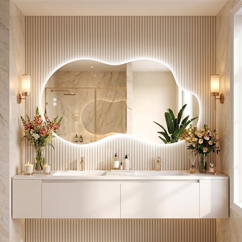 60''x36'' Backlit Led Mirror for Bathroom Cloud Frameless Wall Mirror with Light, Anti-Fog, Rounded Corners, Shatter Proof, Dimmable, Smart, 3-Color Lights,Tempered Glass - color: Cloud Anti-fog, size: 36"L x 60"W