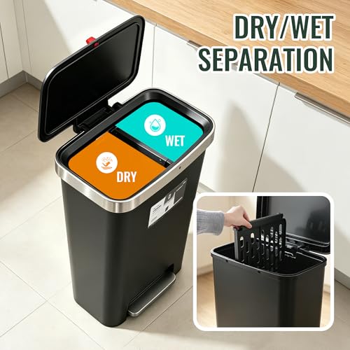 Kitchen Trash Can with lid ,Large 12 Gallon Slim Tall trash Can,Narrow Trash Bin Step-on with Lid, Plastic Black Garbage Can with Stainless Steel Rim for Bathroom,Living room,Bedroom,Yard,Garden