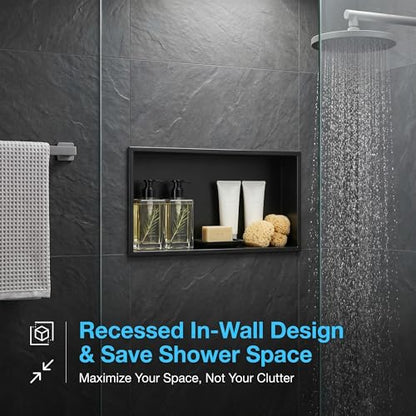 304 Stainless Steel Shower Niche 24" x 12" for Bathroom Storage | Waterproof Matte Black Recessed Shower Niche No Tile Needed - size: 24 x 12 inch