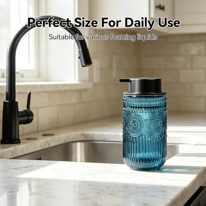 Glass Foaming Soap Dispenser - Foam Hand Soap Dispenser for Bathroom, 12 Oz Face Wash Dispenser Bottle with Foam Pump, Refillable Dish Dispenser for Kitchen (Blue) - color: Blue