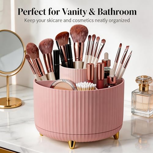 360 Rotating Makeup Brush Holder Organizer, 5-Slot Pink Spinning Cup for Women, Vanity Desk & Bathroom Storage for Cosmetics and Beauty Tools Accessories