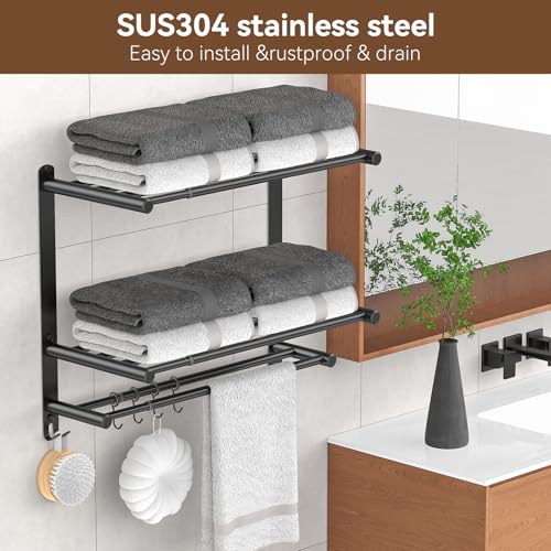 Adjustable 16.9–28" Matte Black Towel Rack for Bathroom SUS304 Stainless Steel 2-Tier Shelf with Extended Bar & 4 Sliding Hooks, Adhesive or Screw Mount, Bathroom/Over-Toilet Organizer - color: Adjustable 16.9–28" Matte Black Towel Rack
