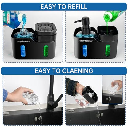 Hand Soap and Dish Soap Dispenser Set for Kitchen, Dual Soap Dispenser with Sponge Holder and Dishcloth Holder 4-in-1 Organizer for Kitchen Sink Countertop, Useful Kitchen Gadgets (Black) - color: Black