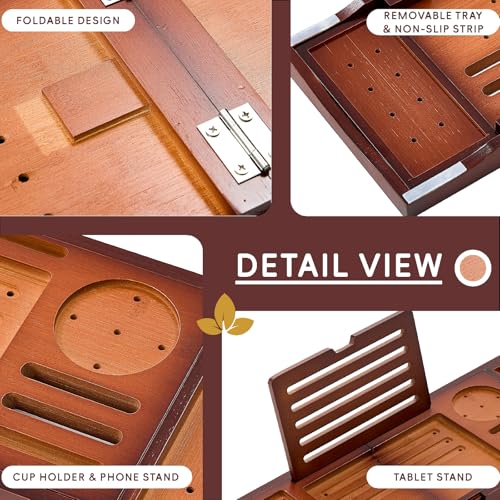 Bamboo Bathtub Tray, Expandable Foldable Bath Caddy, Walnut | 29-42“ Bath Shelf Over Tub with Phone, Tablet & Wine Holders, Locking Design for Spa Bathroom Accessories & Gifts - color: A-walnut