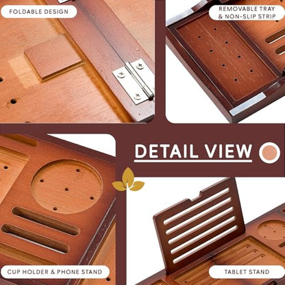 Bamboo Bathtub Tray, Expandable Foldable Bath Caddy, Walnut | 29-42“ Bath Shelf Over Tub with Phone, Tablet & Wine Holders, Locking Design for Spa Bathroom Accessories & Gifts - color: A-walnut