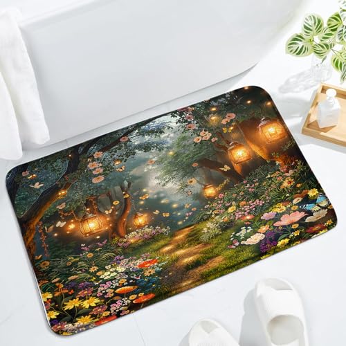 Enchanted Fantasy Forest Bath Mat for Bathroom 17.7x29.5 Inch | Misty Jungle Green Tree, Colorful Floral Flower Butterfly Lantern, Nature Scenic, Indoor Outdoor Floor Rugs,Memory Foam - size: 1'6" x 2'6" (Rectangular)