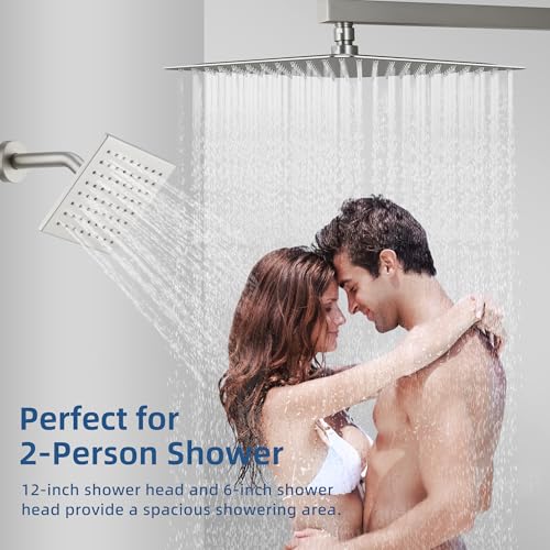 Thermostatic Dual Shower System, Shower Faucet(Brushed Nickel) | 12 Inch Rainfall Shower Head, 6 Inch Wall Mount Head, High Pressure Handheld Sprayer, Push Button Valve - color: Brushed Nickel