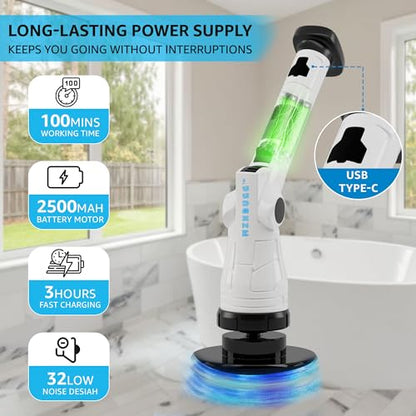 Electric Spin Scrubber, 3 Speeds 8 Heads Bathroom Cleaning Brush | 6-Angle Adjustable Head, 54" Extendable Handle, IPX6 Waterproof, Cordless, Shower Cleaner Brush for Tub Grout Tile Floor Car - size: Upgraded