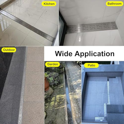 LZMZMQ 2-in Slim Channel Drain and Grate Kit, 1m 1.5m 2m Long Driveway Pool Deck Drainage Guttering Pipe and Sewerage Cover, Stainless Steel Jointable Linear Shower Drain(Silver,Length-1m/3.3ft) - color: Silver, size: Length-1m/3.3ft