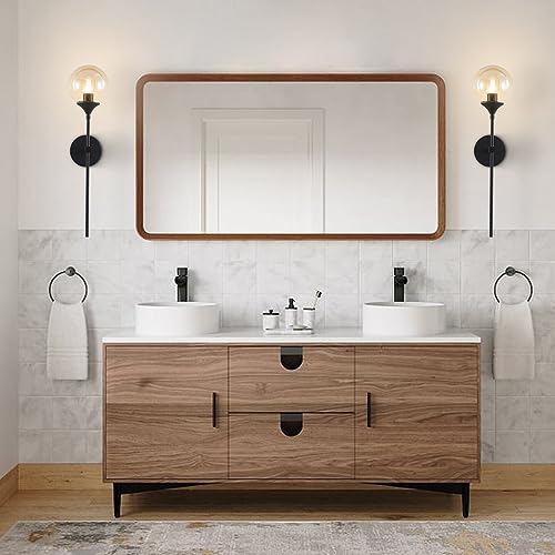 KCO Lighting Mid Century Modern 1-Light Wall Sconce Lighting Set of Two Matte Black Globe Vanity Wall Light Fixture Set of 2 Amber Glass Bathroom Wall Lamp Industrial Long Pole Wall Sconce - color: Black+Amber