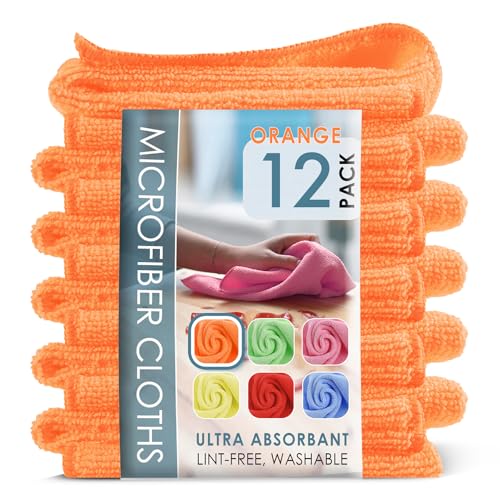 Hearth & Harbor Microfiber Cleaning Cloth for Cars 12 Pack Washcloths, Orange Cleaning Rags, Reusable Microfiber Cloth Rags for Cleaning, Lint Free Cloth, 12''x12'' (V-HH-Cloth-M-12-Org) - color: Orange, size: 12"x12", style: 12 Pack