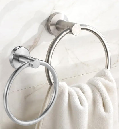 Stainless Steel Silver Round Adhesive Towel Ring Hooks, Rustproof, No-Drill Wall Holder, Modern Design for Bathroom, Kitchen & Laundry Room - color: Silver