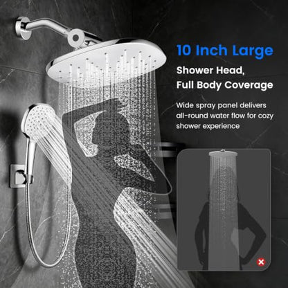 10" Rain Shower Head with Handheld Spray, Dual High Pressure Showerhead | Rainfall Shower Heads Combo with Multi Spray, Detachable Hand Showerhead Set with 71 Inch Shower Hose & Extra Holder - color: Chrome
