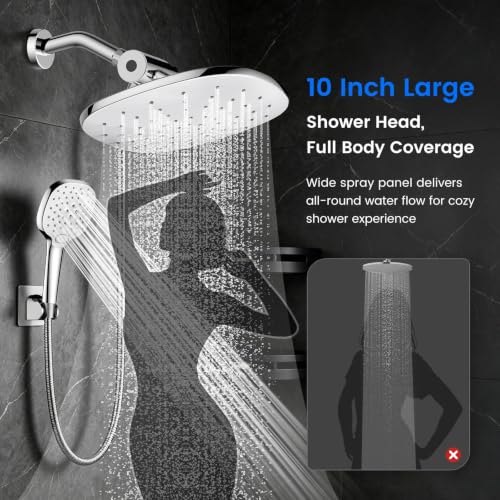 10" Rain Shower Head with Handheld Spray, Dual High Pressure Showerhead | Rainfall Shower Heads Combo with Multi Spray, Detachable Hand Showerhead Set with 71 Inch Shower Hose & Extra Holder - color: Chrome