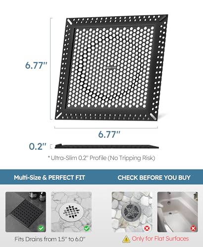 Square Shower Drain Hair Catcher, Anti-Clogging, Black, 6 inch | 304 Stainless Steel and TPE Material/ Not Moving / Easy Clean / Fast Drainage / Fits Bathroom Hair Catcher for Shower - color: Matte Black, size: 6 inch