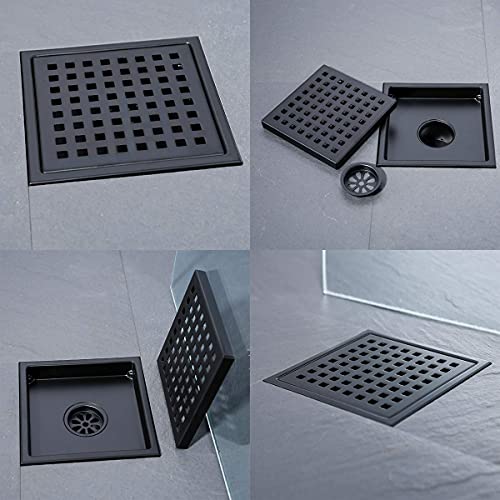 RANDOM Square Shower Drain 6 Inch Matte Black Stainless Steel Shower Floor Drain Kit with Adjustable PVC Base Flange, Removable Grid Grate, Hair Strainer - color: C-matte Black-6″ Square With Base Flange