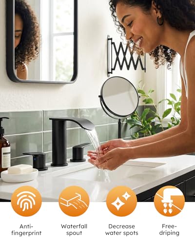 WOWOW Waterfall Bathroom Faucet 3 Hole: 8 Inch Widespread Bathroom Sink Faucet, Matte Black Bathroom Faucet Two Handles Lavatory Vanity Sink Faucets with Pop-up Drain & Supply Hoses - color: Matte Black