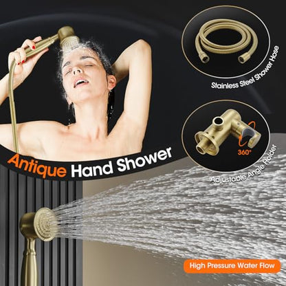 Rainfall Shower System Shower Faucet Set, Luxury, Antique, Light Gold | 9 Inch Shower Head and Handheld Spray, Pressure Balance Valve, Wall Mounted, Bathroom, Shower Trim Kit - color: Brushed Light Gold, style: With Handheld