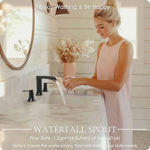 Oil Rubbed Bronze Bathroom Sink Faucet Widespread, 8 Inch Waterfall Faucet Bathroom 3 Hole with Pop-up Drain and cUPC Supply Lines, 2 Handles for Vanity, Restroom, Farmhouse, Brass Material - color: Oil Rubbed Bronze - Farmhouse