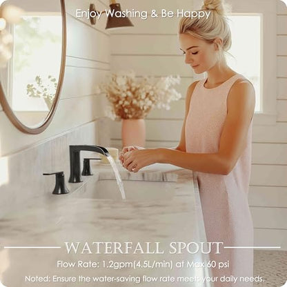Oil Rubbed Bronze Bathroom Sink Faucet Widespread, 8 Inch Waterfall Faucet Bathroom 3 Hole with Pop-up Drain and cUPC Supply Lines, 2 Handles for Vanity, Restroom, Farmhouse, Brass Material - color: Oil Rubbed Bronze - Farmhouse