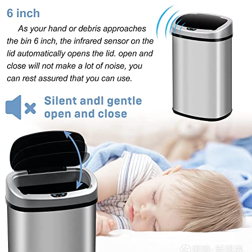 13 Gallon Stainless Steel Trash Can with Lid,Touch Free Automatic Kitchen Trash Can,Fingerprint-Resistant Soft Close Lid Garbage Can, 50L Large Capacity Garbage Can for Kitchen Home Office(Sliver) - color: Sliver