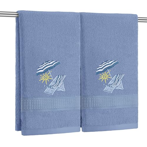 SmoothNovelty 2 Pcs Hand Towels Bathroom Decor 14x29 Inch Embroidered 100% Cotton Soft Absorbent Spring Summer Decorative Hand Towels for Bathroom Kitchen(Beach Chair,Slate Blue) - style: Classic Beach Chair