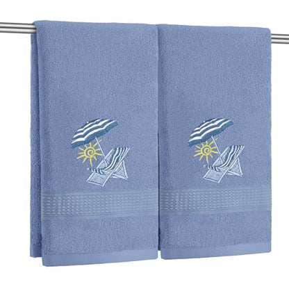SmoothNovelty 2 Pcs Hand Towels Bathroom Decor 14x29 Inch Embroidered 100% Cotton Soft Absorbent Spring Summer Decorative Hand Towels for Bathroom Kitchen(Beach Chair,Slate Blue) - style: Classic Beach Chair