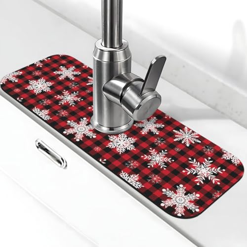 Snowflake Christmas Red Buffalo Plaid Kitchen Sink Splash Guard Faucet Mat Super Absorbent Fast Drying Mat Sink Gadgets-Fast Drying Pad Sink Mat For Kitchen Bathroom (15" X 5.5" ) - color: Snowflake Christmas Red Buffalo Plaid