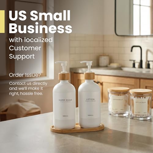 Maisonovo Soap Dispenser Set - White Soap Dispenser White Bamboo Pumps | Glass bottles for body wash, lotion, shampoo or conditioner · Sink, bathroom or countertop · Tray, 16.9 oz each - color: White Bottles White Bamboo Pumps