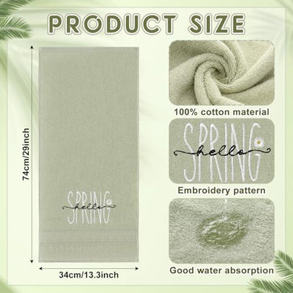 SmoothNovelty 2 Pcs Hello Spring Hand Towels Gray Green Bathroom Decor 14x29 Inch 100% Cotton Soft Absorbent Bless This Home Embroidered Decorative Hand Towels for Bathroom Kitchen Housewarming Gifts - style: Hello Spring