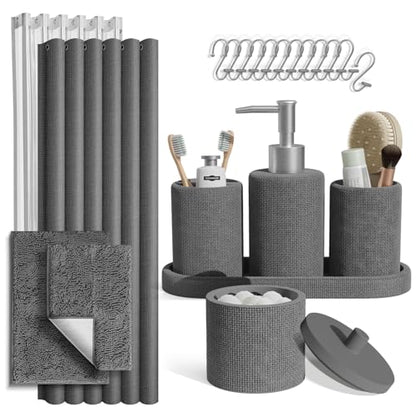 Clara Clark Grey Bathroom Set - Bathroom Sets with Shower Curtain and Rugs, 21PC Bathroom Accessory Set, Shower Curtain Set with Soap Dispenser & Toothbrush Holder - color: Grey, size: Complete Set + Bath Rugs
